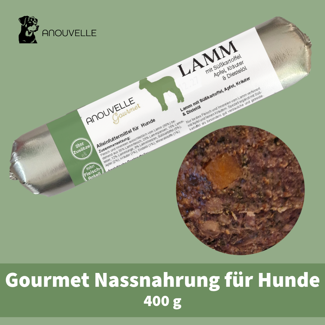 Anouvelle Gourmet Lamm mit Süßkartoffel, Apfel, Kräuter & Distelöl 400 g Hunde Wurst Nassfutter
