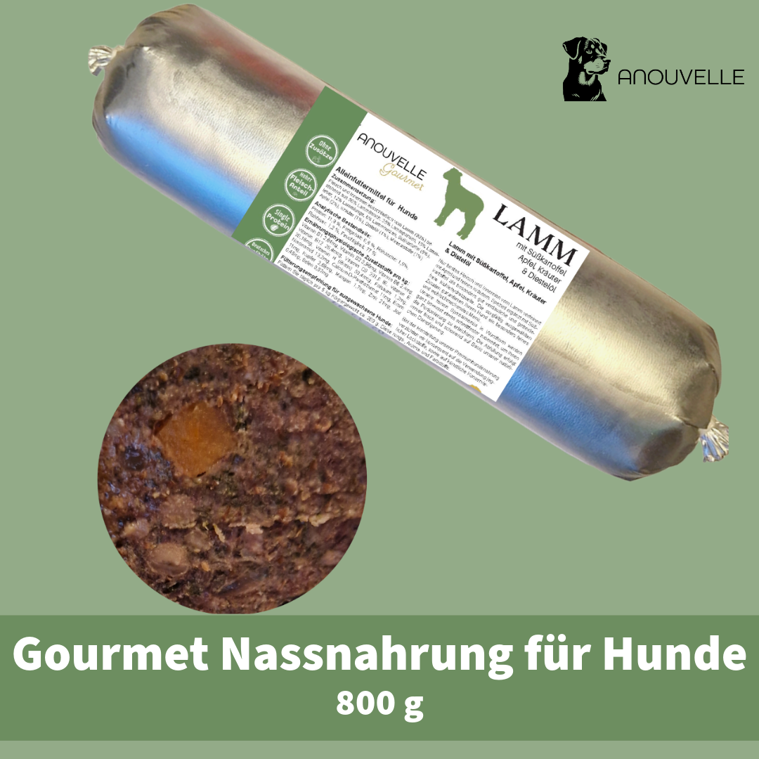 Anouvelle Gourmet Lamm mit Süßkartoffel, Apfel, Kräuter & Distelöl 800 g Hunde Wurst Nassfutter