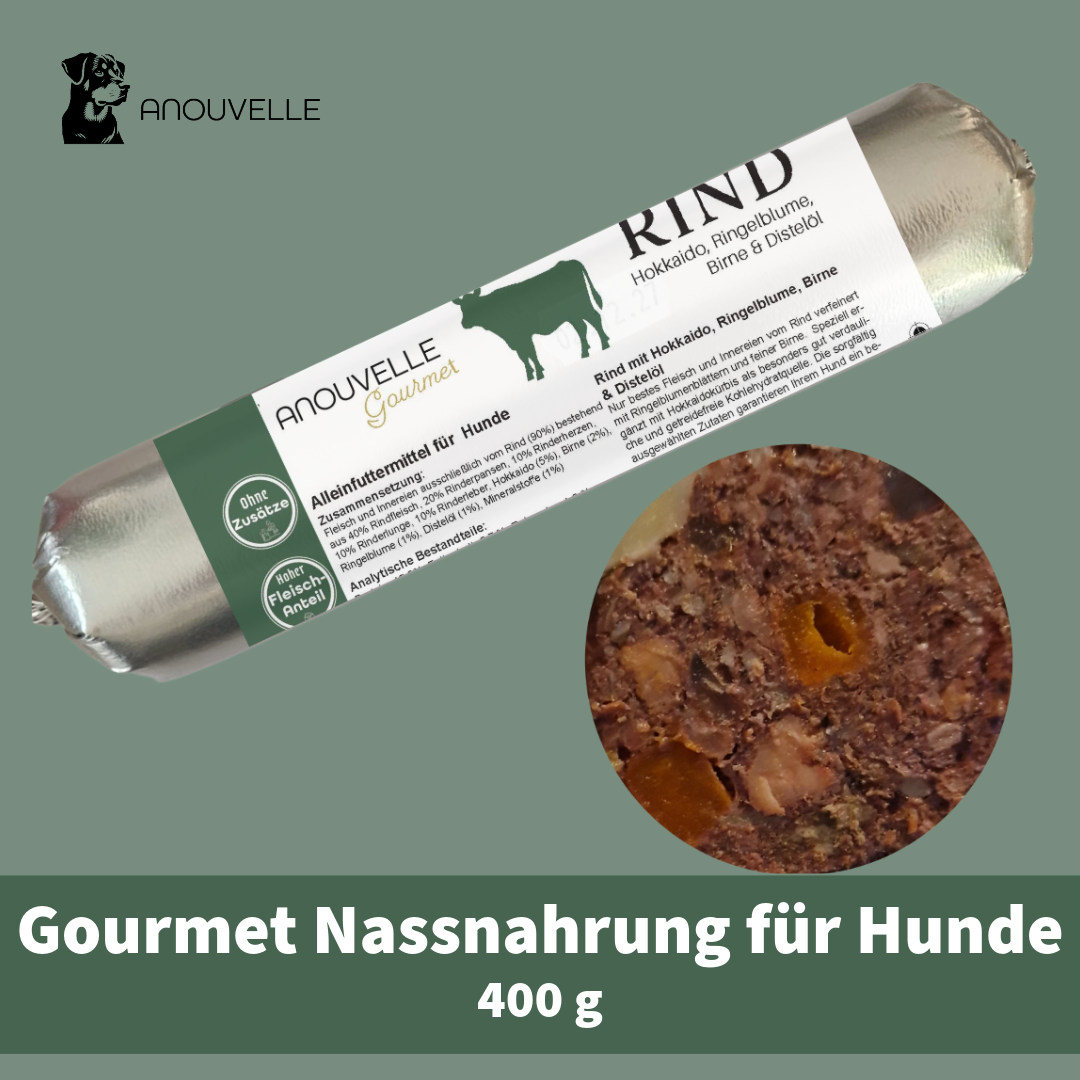 Anouvelle Gourmet Rind mit Hokkaido, Ringelblume, Birne & Distelöl 400 g Hunde Wurst Nassfutter