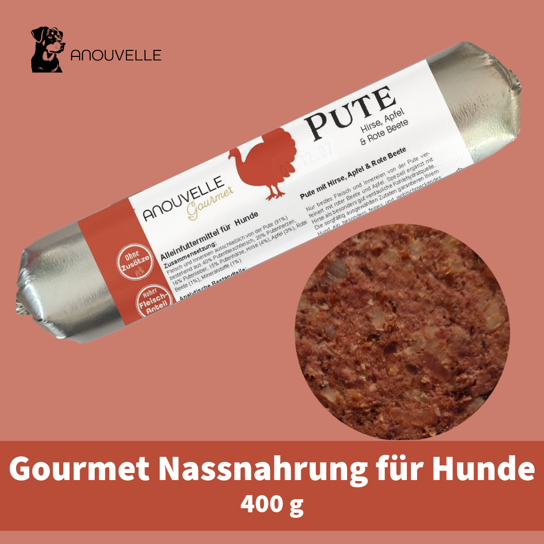 Anouvelle Gourmet Pute mit Hirse, Apfel & Rote Beete 400 g Hunde Wurst Nassfutter
